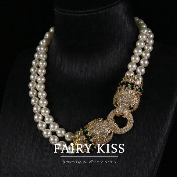 French Retro Pave Animal Head Necklace & Studs - Picture 3 of 7